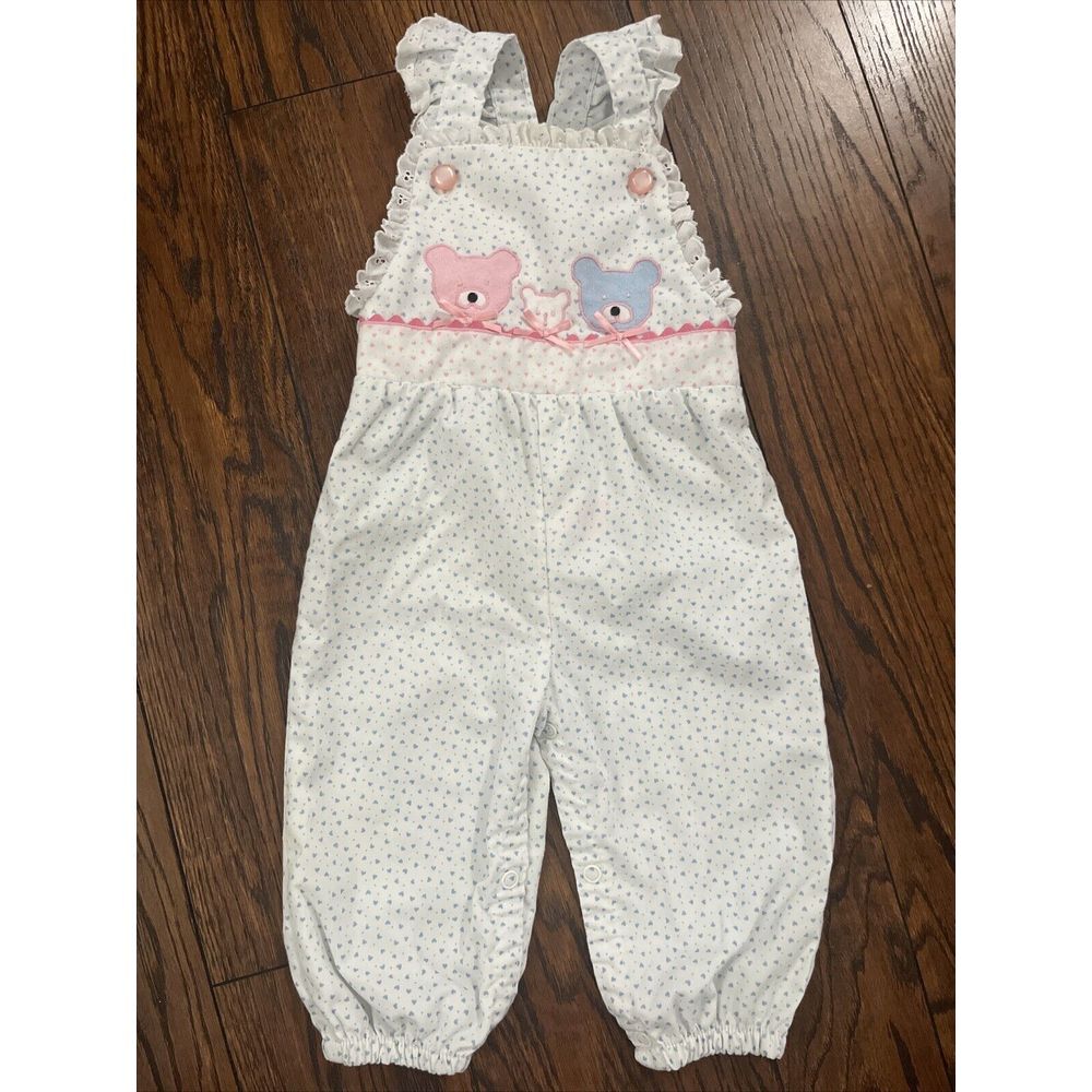 VTG Grandmas Love Overalls Blue Pink Hearts Ruffles Lace Teddy‎ Bears 12 Mo